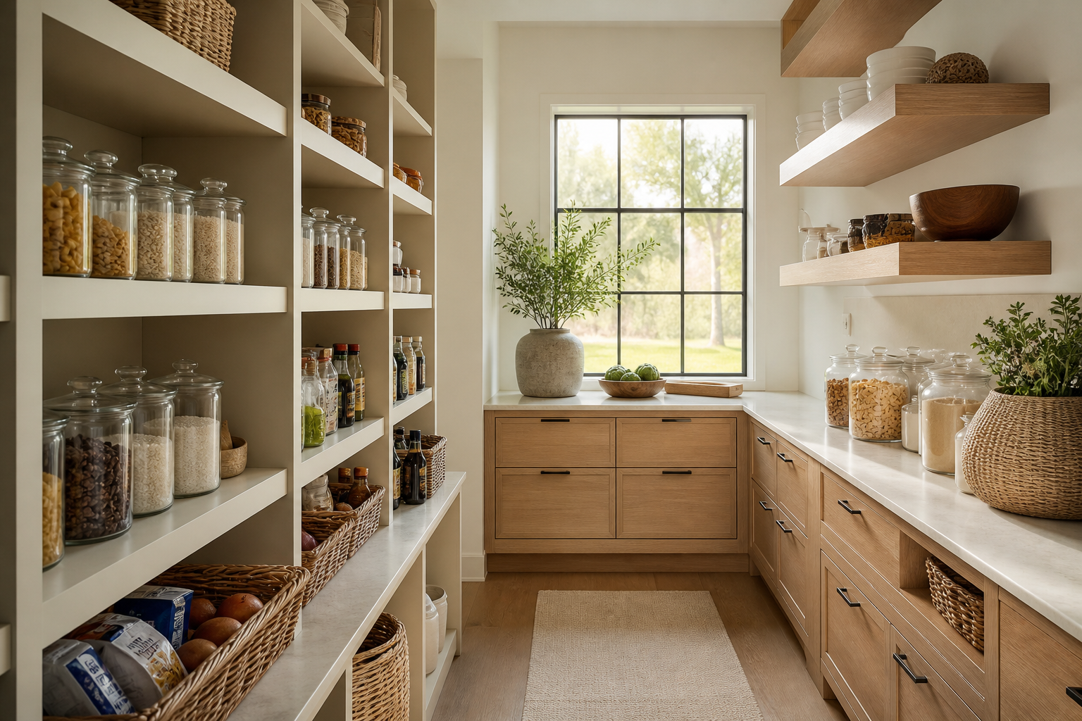 A warm, thoughtfully organized pantry with accessible glass jars, baskets, and everyday groceries