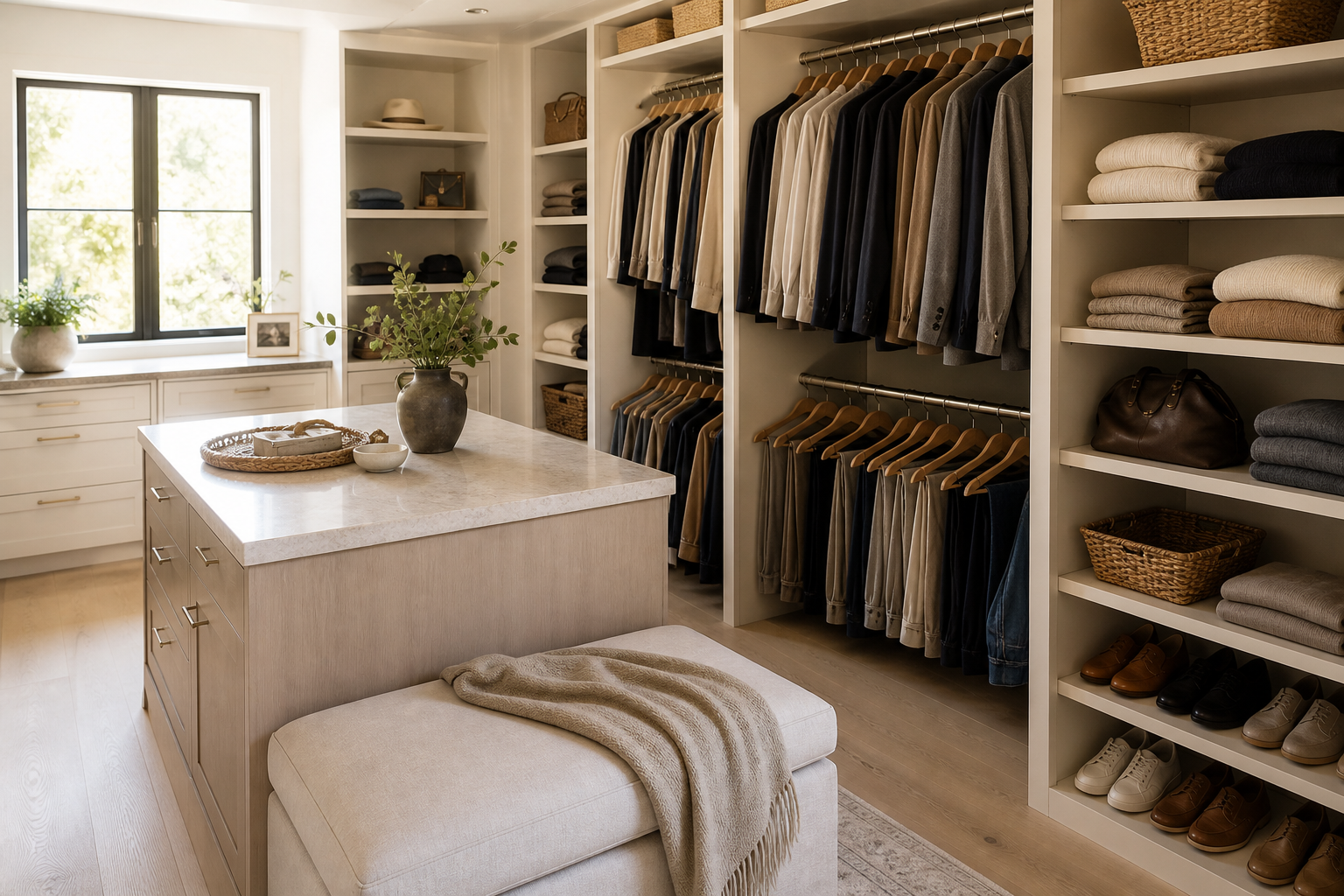 A calm neutral wardrobe organized by category with consistent hangers and accessible shelving